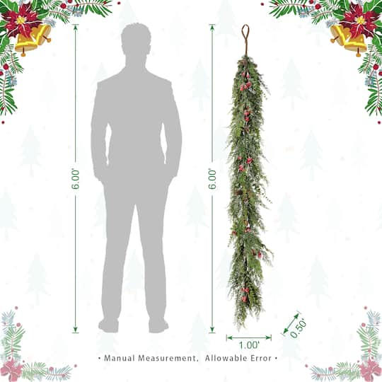 Glitzhome® 6ft. Christmas Greenery Frosted PE Dripping Garland with Pinecones & Red Berries, Set of 2